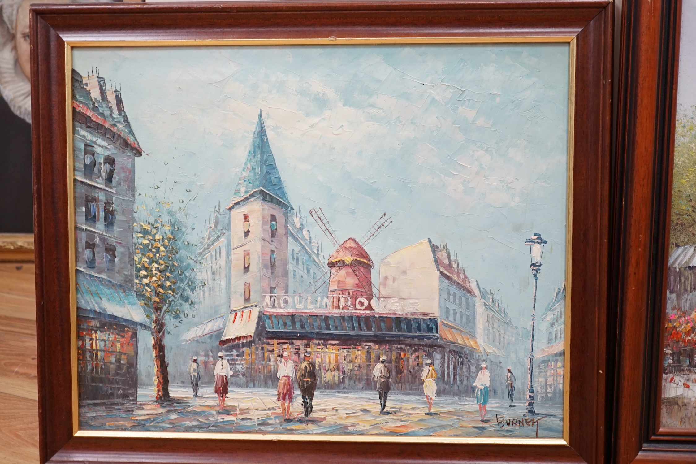 Caroline Burnett (1877-1950), two Impressionist oils, one on canvas, 'Moulin Rouge, Paris', signed, 39 x 49cm. Condition - good